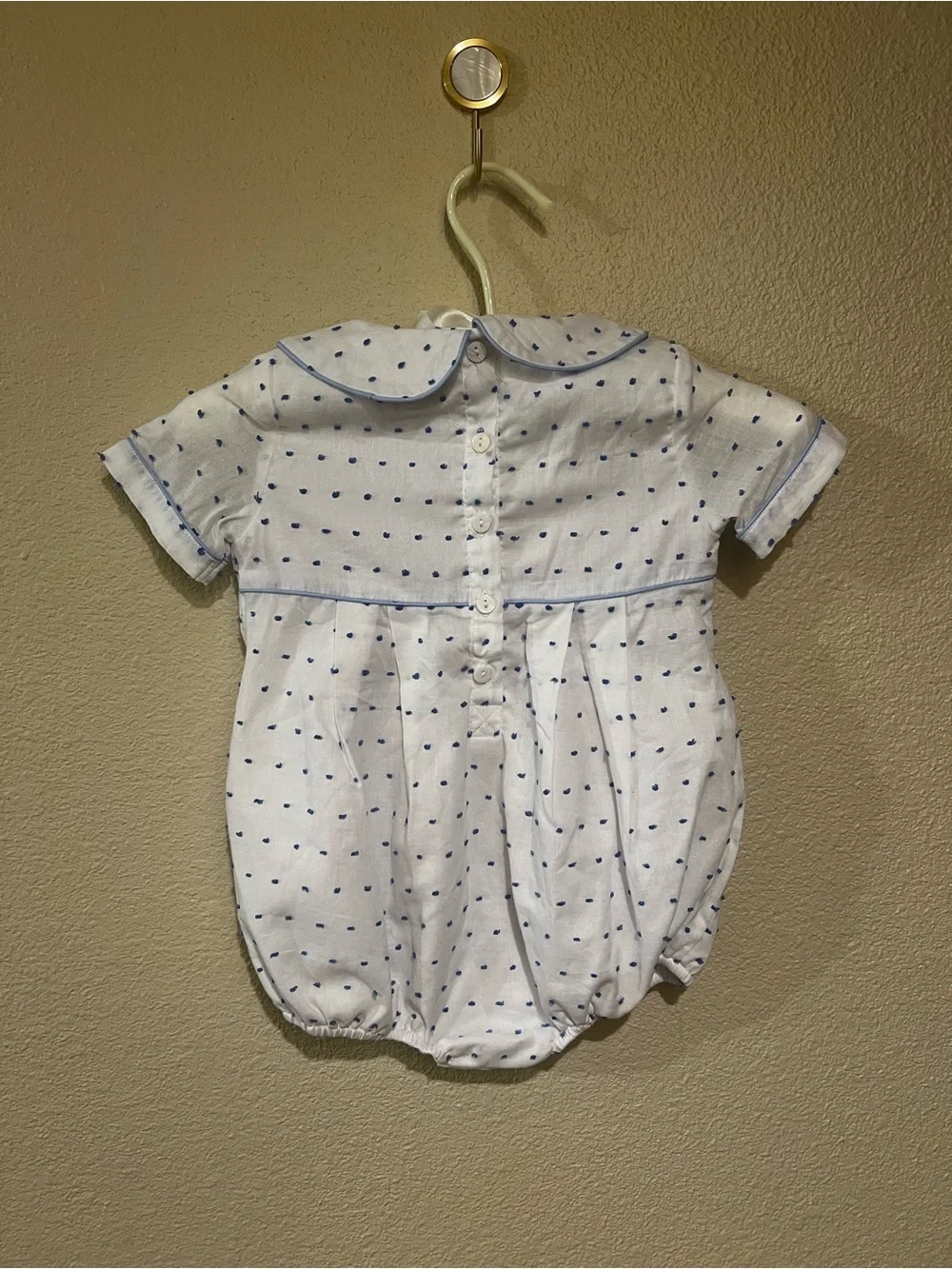 Smocked Flamingo | Blue and White Polka Dot Bubble with Peter Pan Collar